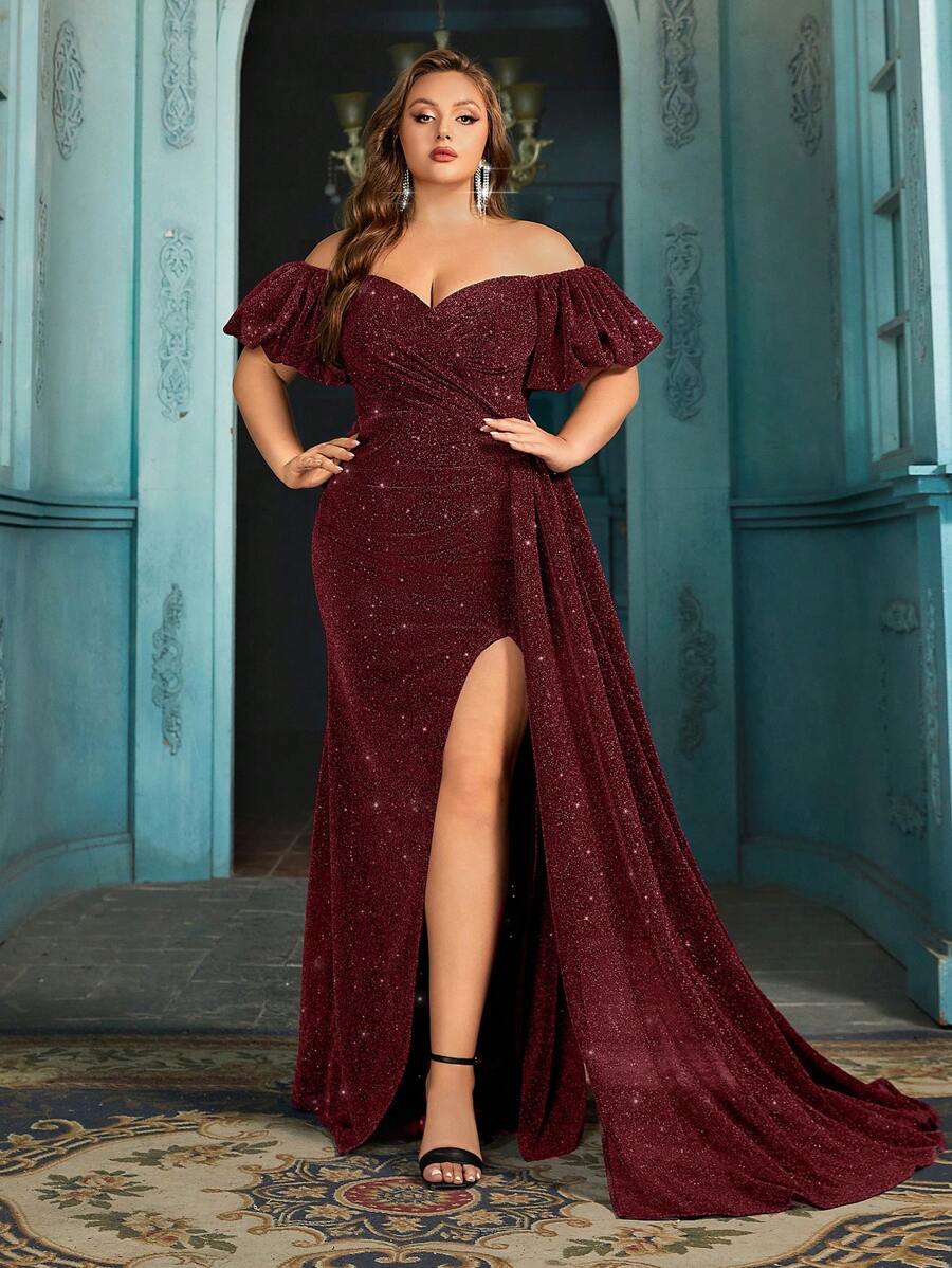 Noble Elegant Evening Dresses Women Plus Size Formal Dress Party Gown For Galas, Evening Party, Cocktail Party Solid Color Slit Off The Shoulder Long Gowns - Màu Đỏ Sâu - Xem 1