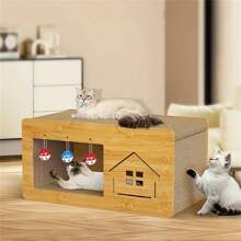 Multi-Function Cat Scratching Post & Cat Bed, Durable Cardboard, Dual-Layer, Bells, All Season Use - Brown - View 7