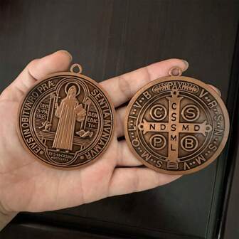 BONITTER 2PCS /Set EXTRA LARGE 3 INCH ST BENEDICT CROSS MEDAL VINTAGE BRASS TONE FINISH FOR WALL OR DESK DISPLAY/MEDALLA DE SAN BENITO