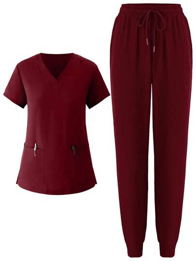 Women Scrub Sets Elastic Jogger Nurse Uniform  Washer Clothes With Pockets Breathable Scrub Top And Pants