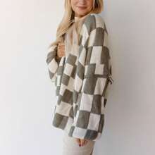 Women's Knit Cardigan Plaid Print Long Lantern Sleeve Open Front Loose Fall Sweater Jacket