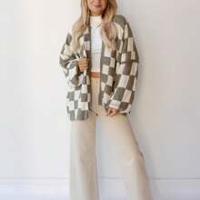 Women's Knit Cardigan Plaid Print Long Lantern Sleeve Open Front Loose Fall Sweater Jacket