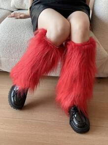 女士毛绒腿套，柔软舒适的冬季长靴袖口护套，圣诞节 - 紅色 - 查看 3