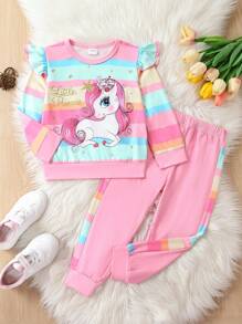 2 件套幼儿女孩彩色卡通飞马印花长袖上衣和条纹裤休闲装，春秋季 - 粉色 - 查看 2