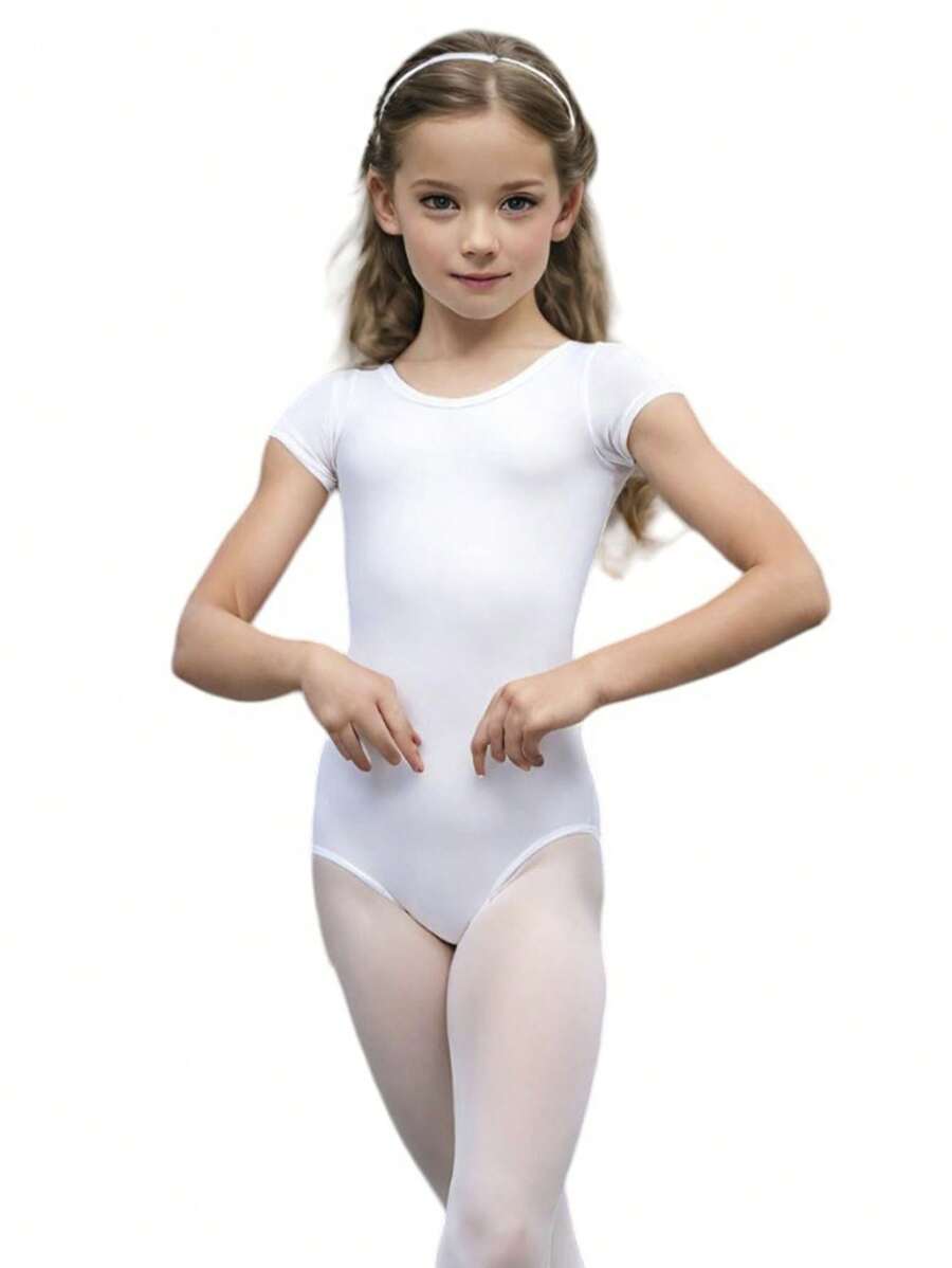 Girls Short Sleeve Cotton Leotard, Ballet Leotard Bodysuit, Sports Gymnastics, Dance And Dancing Without Print Solid Color One-Piece Clothing Clown - 白色 - 查看 1