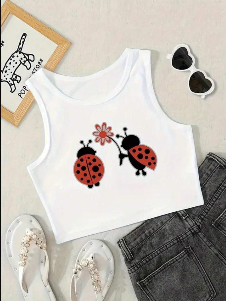 Top tank corto ligero con estampado de catarina romantica - Blanco - Ver 1