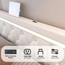 Full/Queen Size Bed Frame With 4 Drawers And Adjustable LED Headboard, PU Leather Upholstered Platform Storage Bed With Charging Station, Wooden Slats Support, No Box Spring Needed - 白色 - 查看 4