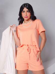 Women's Sweatshirt Set Short Shorts High Waist And Cropped Top Sweatshirt 2024 Promotion - Naranja - Ver 2