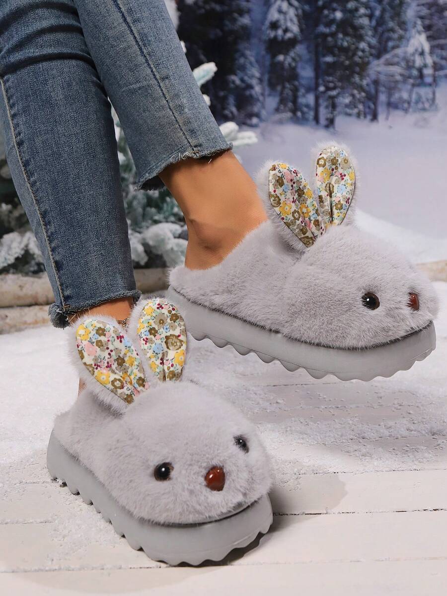 Women's Cute Cartoon Rabbit House Slippers, Cozy Plush Lining Warm