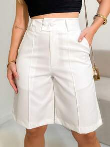 Women's Bermuda Shorts/ High Waist/ Side Pockets/ With Two Buttons Tailored Fabric - 白色 - 查看 1