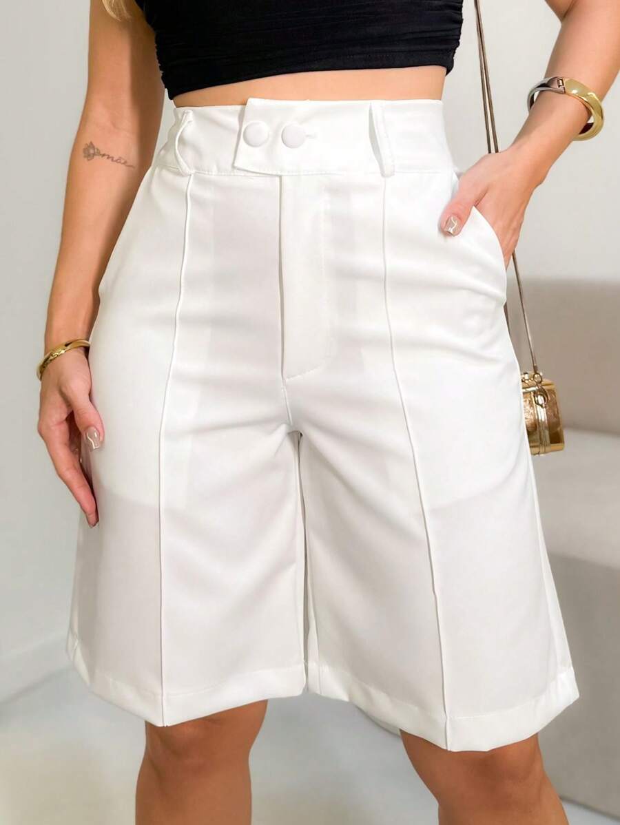 Women's Bermuda Shorts/ High Waist/ Side Pockets/ With Two Buttons Tailored Fabric - 白色 - 查看 1