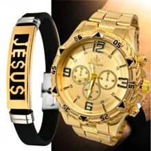 Kit Relógio Masculino Pallyjane Dourado Banhado a Ouro 18k a Prova D'água + Pulseira de Borracha Jesus
