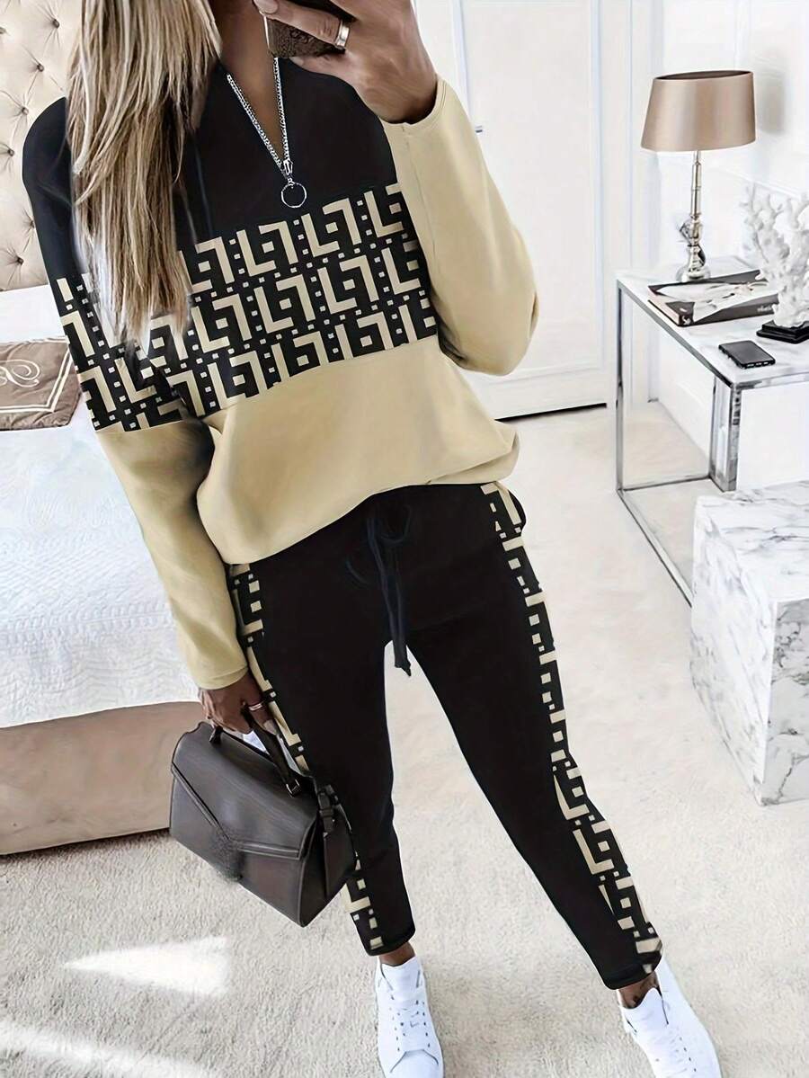 2pcs/Set Contrast Color Print Patchwork Long Sleeve Top And Elastic Waist Long Pants - Black - View 1