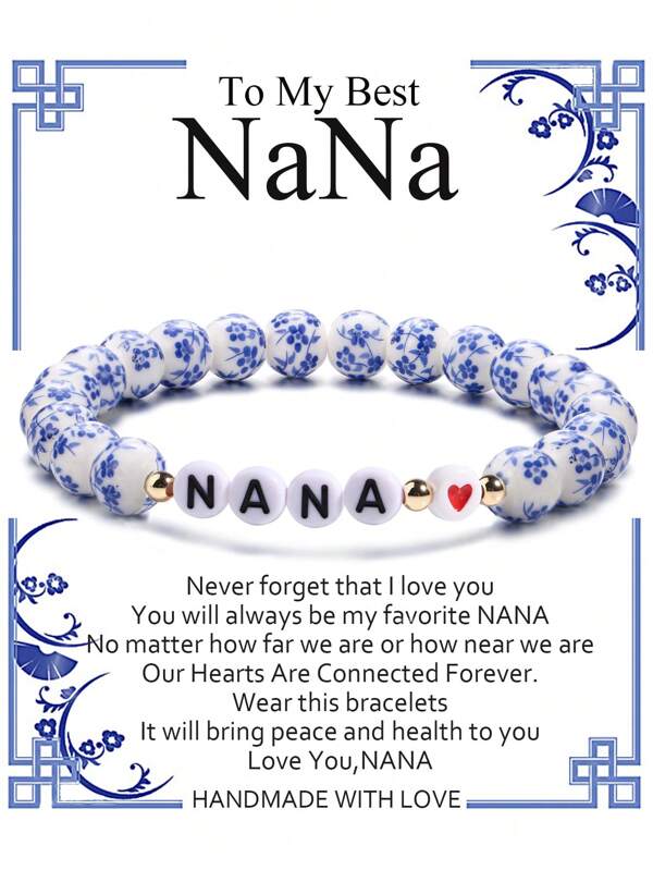 1Pc Blue And White Porcelain Beaded Bracelet Nana Mimi Mama Grandma Letter Bracelets With Bless Card Celadon Bracelet Gift Mother's Day Gifts Christmas,Valentine's Day Gifts For Women,Mom,Mother,Mother's Day,Gift