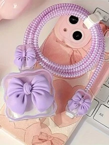 5pcs/Set Fashion Pink/Purple/Black Bow Charging Cable Protector With 1/2A Charging Head Cover Charger Protector