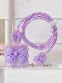 5pcs/Set Fashion Pink/Purple/Black Bow Charging Cable Protector With 1/2A Charging Head Cover Charger Protector