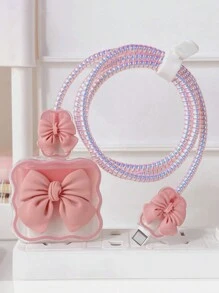 5pcs/Set Fashion Pink/Purple/Black Bow Charging Cable Protector With 1/2A Charging Head Cover Charger Protector