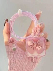 5pcs/Set Fashion Pink/Purple/Black Bow Charging Cable Protector With 1/2A Charging Head Cover Charger Protector