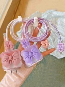 5pcs/Set Fashion Pink/Purple/Black Bow Charging Cable Protector With 1/2A Charging Head Cover Charger Protector