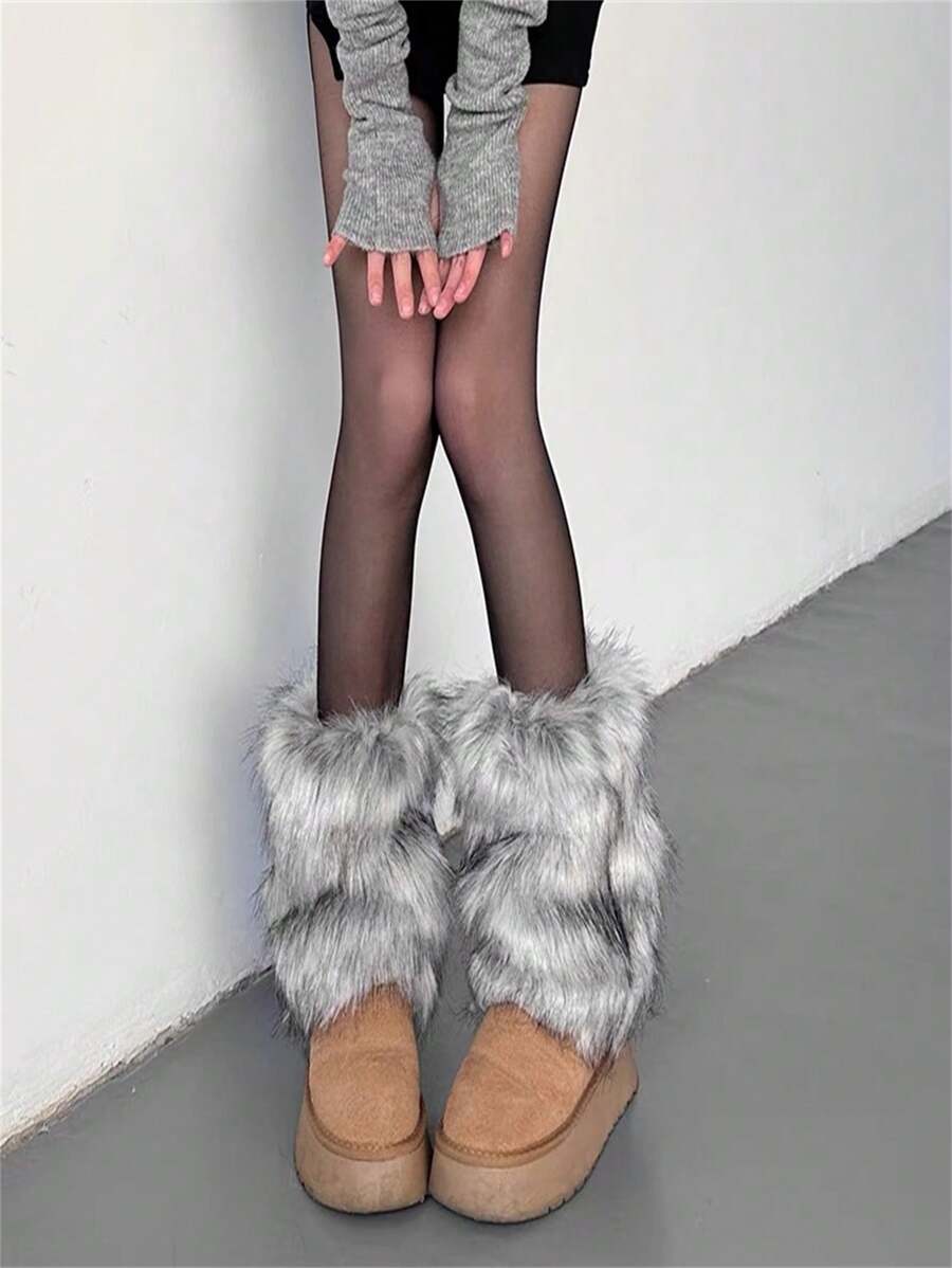 Imitation Fur Boot Covers Fuzzy Short Leg Warmers Fleece Leg Warmers, Versatile Faux Fox Fur Shoes Cover, Y2K Grunge Sweet Spicy Dance Leg Warmers,  Subculture Style - Grey - View 1