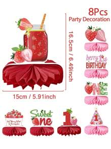 8 Piezas de centros de mesa con decoración de fresa, ornamentos de panal de fresa, suministros para fiesta de cumpleaños feliz, baby shower, decoración temática de fresa para fiesta, decoraciones de mesa, decoración del hogar, Navidad