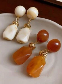 MESTILO 1 对复古仿玉大理石不对称形状耳环，适合女性日常佩戴