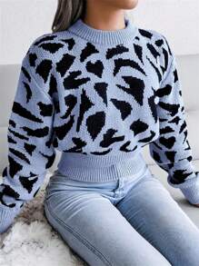 Leopard Print Short Sweater, Casual Autumn/Winter - Blue - View 1