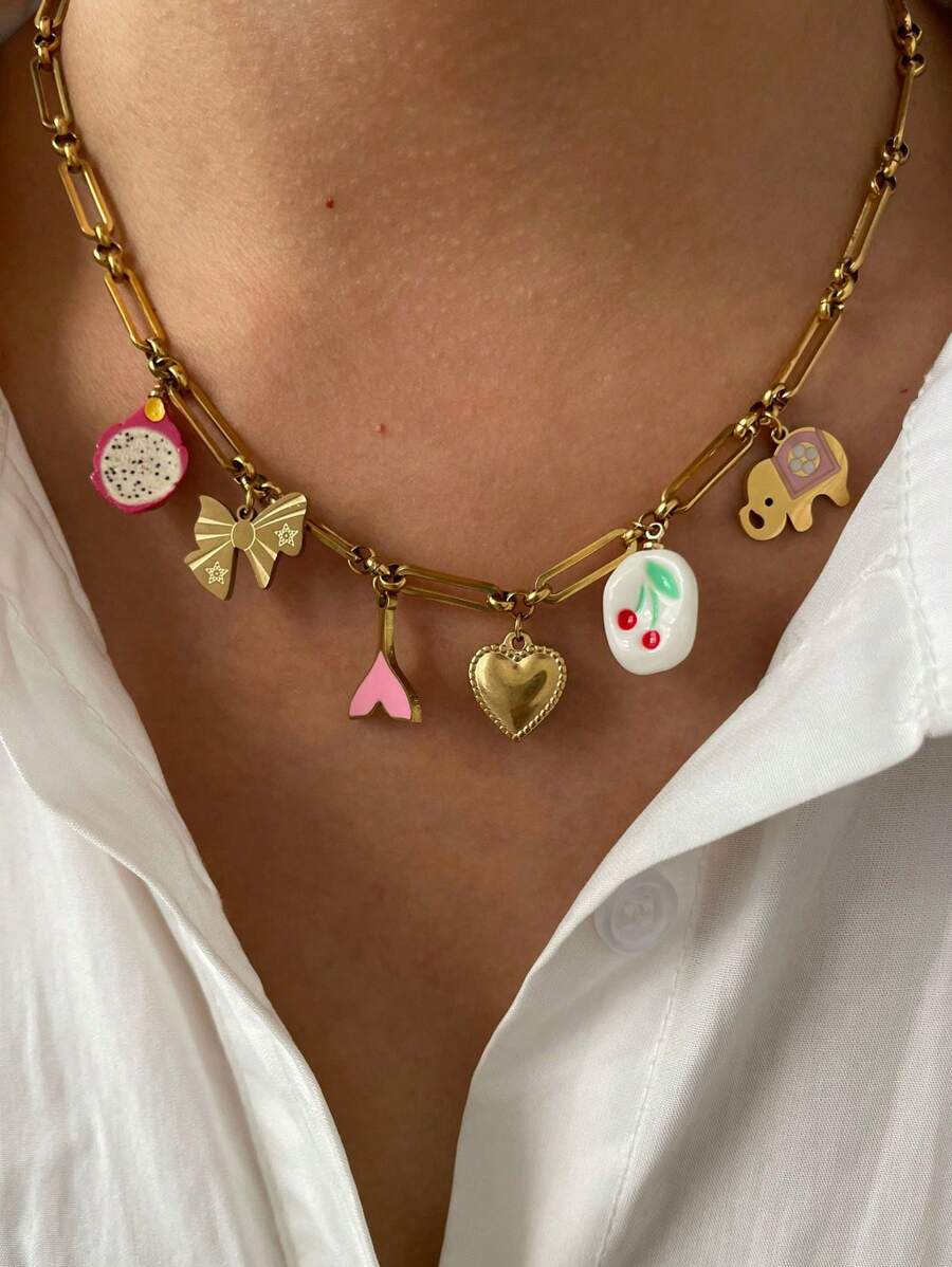 Monlansher 1pc Women's Fashionable Stainless Steel Necklace With Multi-Element Charms, Including Heart Locket, Elephant, Fruit, Fish Tail, Bowknot, & Personalized Metal Style - Gold - View 1