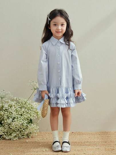 女童长袖荷叶边褶皱衬衫搭配 A 字裙摆裙子，春秋季