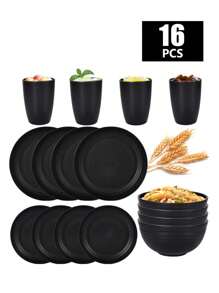 4/16/20/24/32件塑料碗、盘子、杯子套装，适用于家庭厨房、露营、野餐