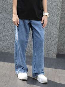 Teen Boy Loose-Fit Straight-Leg Jeans With Belt Loops, Casual Blue Cargo Pants - Medium Wash - View 9