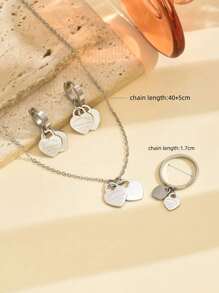 4pcs Minimalist Engraved Double Heart Necklace, Ring, Earring Women Fashion Titanium Steel Jewelry Gift Set Valentines,Mom,Mother,Mother's Day,Gift