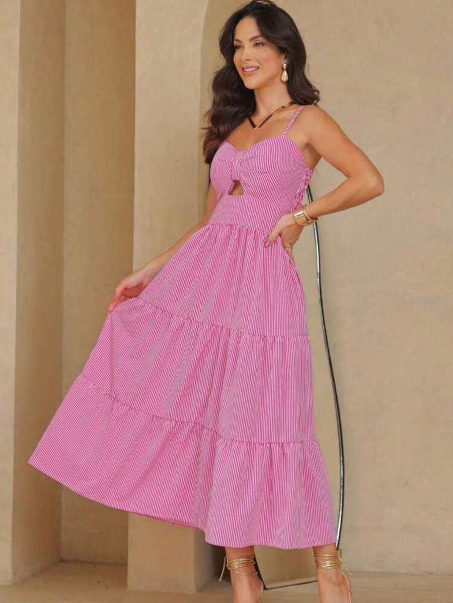 Long Strappy Dress With Striped Cups In Viscolinho Fabric H-2 - Purple - View 1