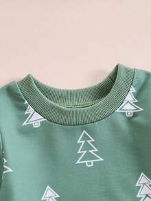 Amababa 2pcs/Set Boys' Pine Tree Print Round Neck Top And Matching Pants Set - Green - View 3
