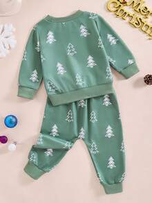 Amababa 2pcs/Set Boys' Pine Tree Print Round Neck Top And Matching Pants Set - Green - View 2