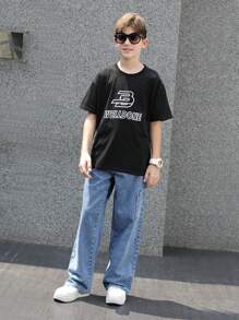 Teen Boy Loose-Fit Straight-Leg Jeans With Belt Loops, Casual Blue Cargo Pants - Medium Wash - View 10