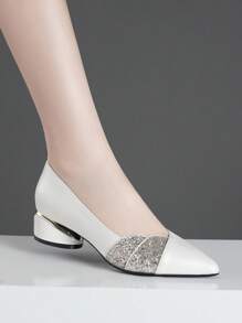 新款舒适时尚高跟鞋，带水钻装饰，有黑色、白色和银色可选，尖头，粗跟，百搭女士办公室工作鞋 - 白色 - 查看 4