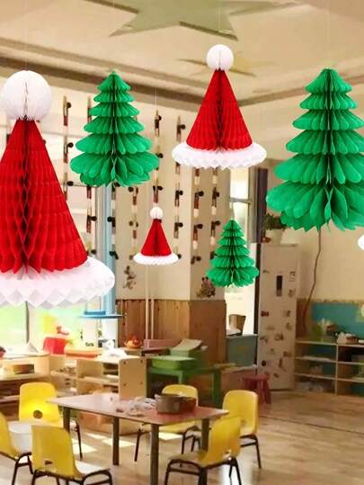 3pcs-Christmas Decoration Honeycomb Santa Hat, Christmas Party Ornament Honeycomb Ball For Holiday Mall Home Office Christmas Tree,Christmas Hat Christmas Tree Paper Honeycomb Ball Christmas Tree Honeycomb Bells Christmas Holiday Mall Party Decoration Set Paper Flowers,Classic Christmas Hat Honeycomb Ball Ornaments - Perfect For Holiday Party & Mall Decor, No Power Needed