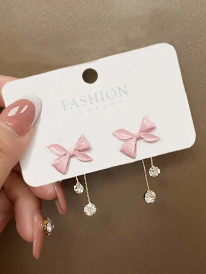 1 par de pendientes largos con borlas y moño rosa con strass para mujeres, aretes de joyería de oreja dulce para niña, para verano, San Valentín, mamá, madre, Día de la Madre, regalo