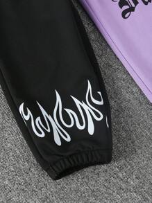 3 pezzi Set casual sportivo quotidiano per ragazze, inclusi: Felpa con cappuccio con stampa a lettere e orlo asimmetrico, pantaloni con vita elastica e stampa colorblock, top canotta monocromatico, per autunno/inverno