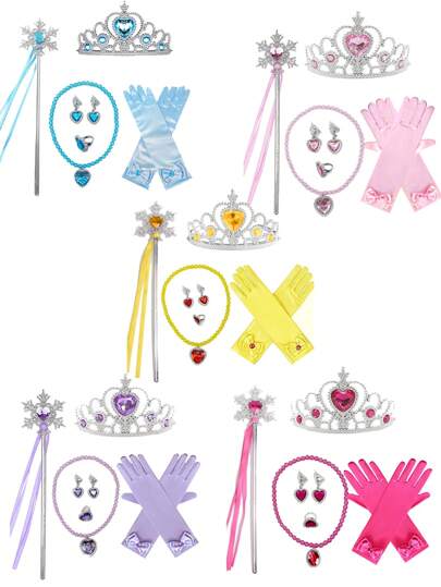 一套儿童糖果色公主服装道具，包括水晶皇冠、雪花围巾、魔法棒，适合女孩派对拍照。