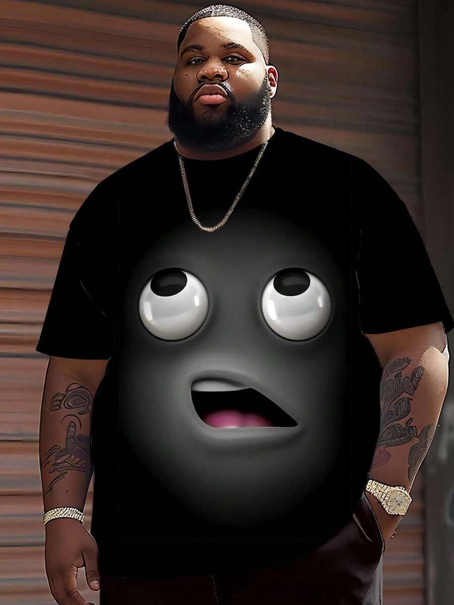 Large Men 3D Humorous Smiling Face Printed T-Shirt, Summer Fashion Short-Sleeved T-Shirt, Suitable For Tall And Sturdy Men - Black - View 1