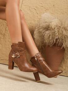 Damen Ankle Boots mit hohem Absatz, für Frühling & Herbst & Winter, mit Schnallen Design, schmale Stiefel, Europäischer & Amerikanischer Stil, spitze Zehenpartie, Schwarz, modisch & vielseitig, Stiefel, elegant & süß, Blockabsatz