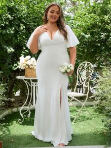 Hochzeitskleid in Große Größen mit tiefem Ausschnitt, weiten Ärmeln und hohem Schlitz am Saum, elegantes Brautmutterkleid in Große Größen in Weiß - Weiss - Übersicht 1