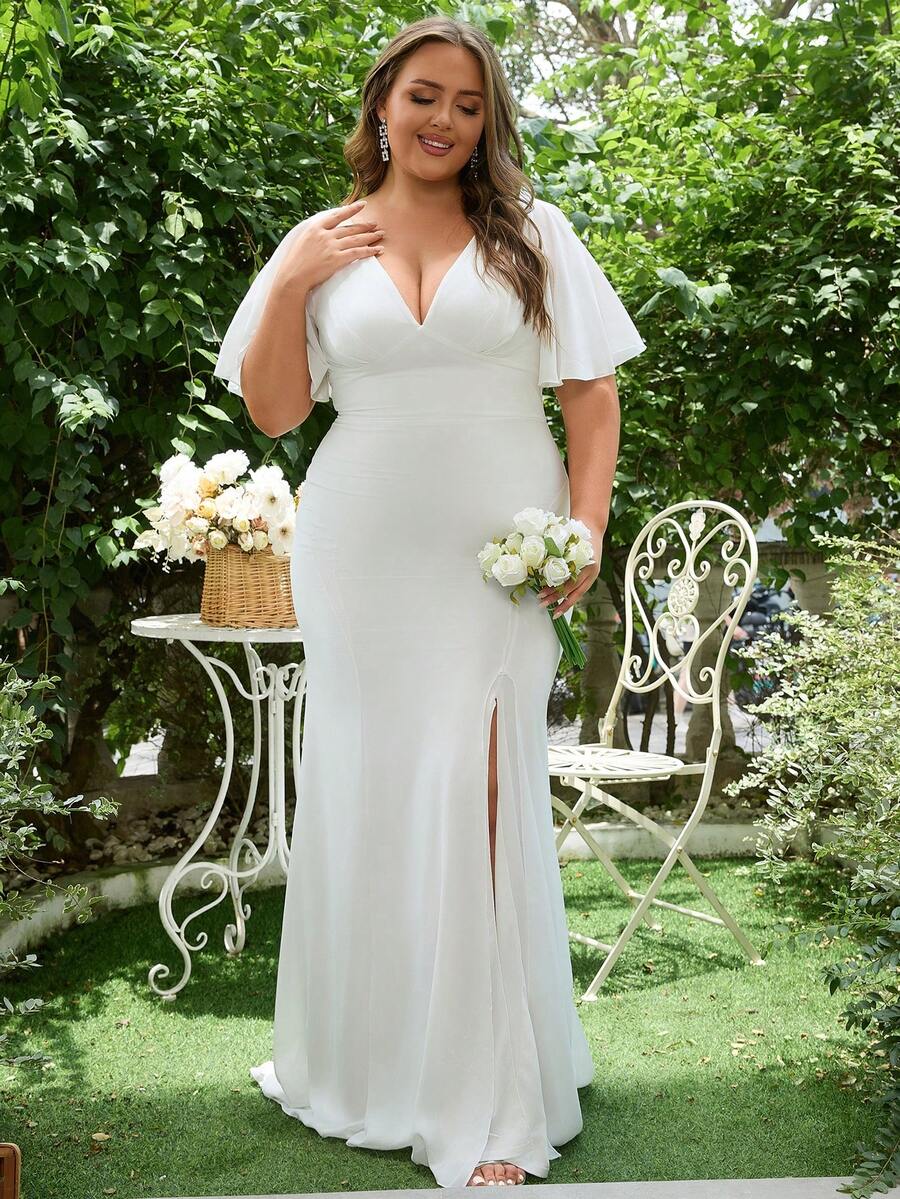 Hochzeitskleid in Große Größen mit tiefem Ausschnitt, weiten Ärmeln und hohem Schlitz am Saum, elegantes Brautmutterkleid in Große Größen in Weiß - Weiss - Übersicht 1