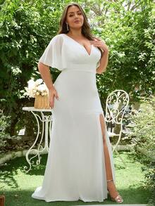 Hochzeitskleid in Große Größen mit tiefem Ausschnitt, weiten Ärmeln und hohem Schlitz am Saum, elegantes Brautmutterkleid in Große Größen in Weiß - Weiss - Übersicht 5
