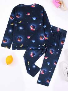 Set de 2 piezas Pijama con cuello redondo y estampado de astronauta para niños pequeños, brilla con luz UV, ropa de estar en casa para niños, para todas las estaciones - Multicolor - Ver 3