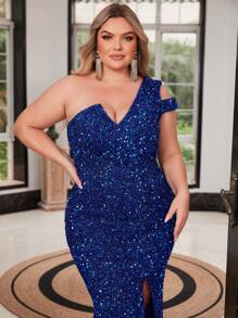 Plus Size Blauwe Pailletten Asymmetrische Hals Split Zoom Avondjurk Feestjurk Bruiloftsgastenjurk Formele Jurk Avondjurk