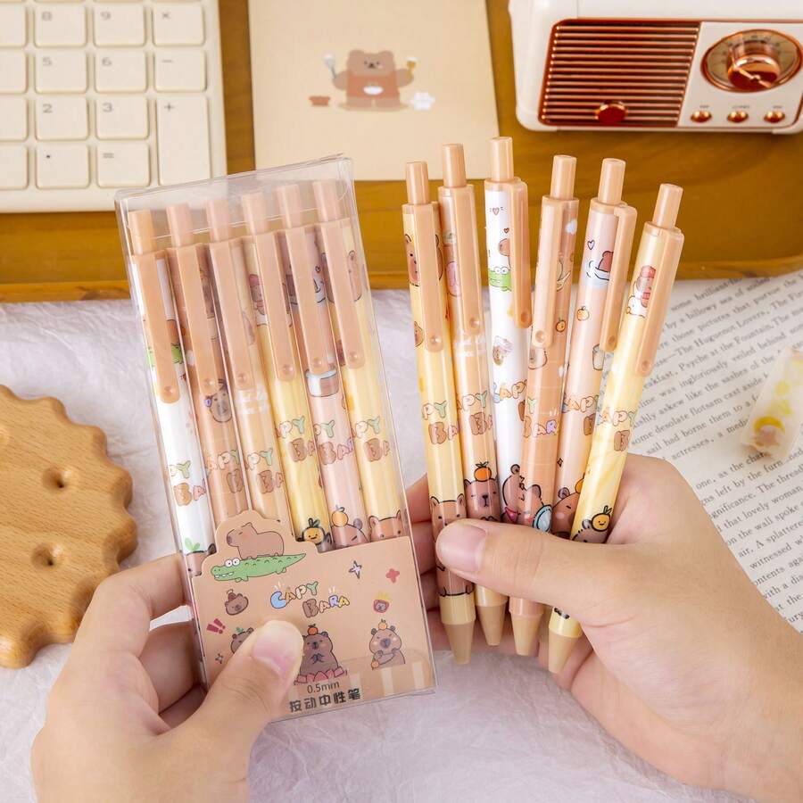 1 Box Of 6 Black Ink Ballpoint Pens, Cute Hamster Design Student Writing Pens