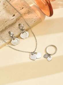 4pcs Minimalist Engraved Double Heart Necklace, Ring, Earring Women Fashion Titanium Steel Jewelry Gift Set Valentines,Mom,Mother,Mother's Day,Gift